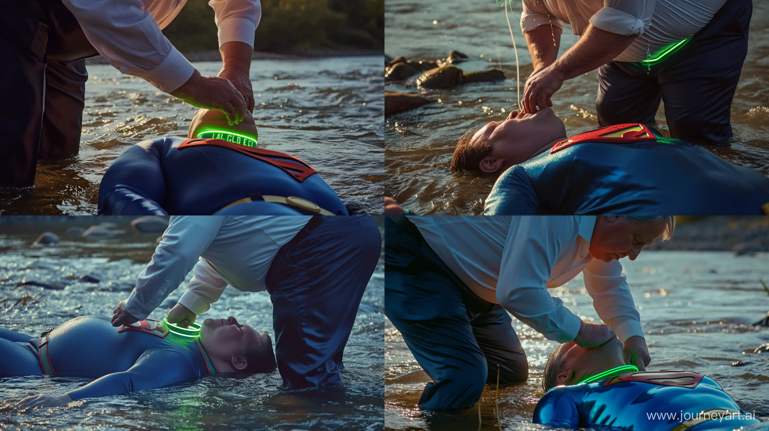 Eccentric-Scene-Senior-Man-in-Superman-Costume-Gets-Unique-Neon-Dog-Collar-by-the-River