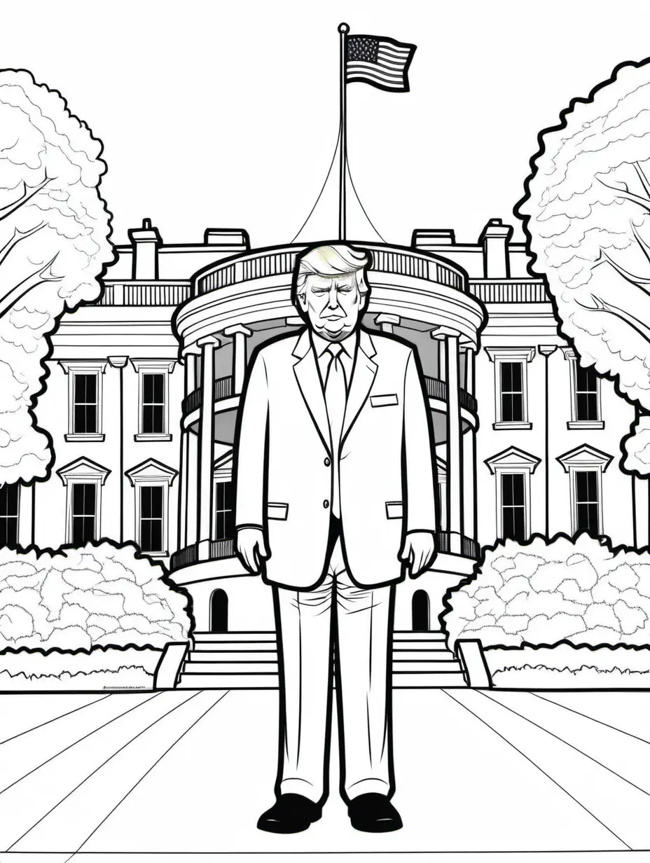 Kids coloring page, b&w lineart, simple, outline, white background, Donald Trump Standing in front of the White House