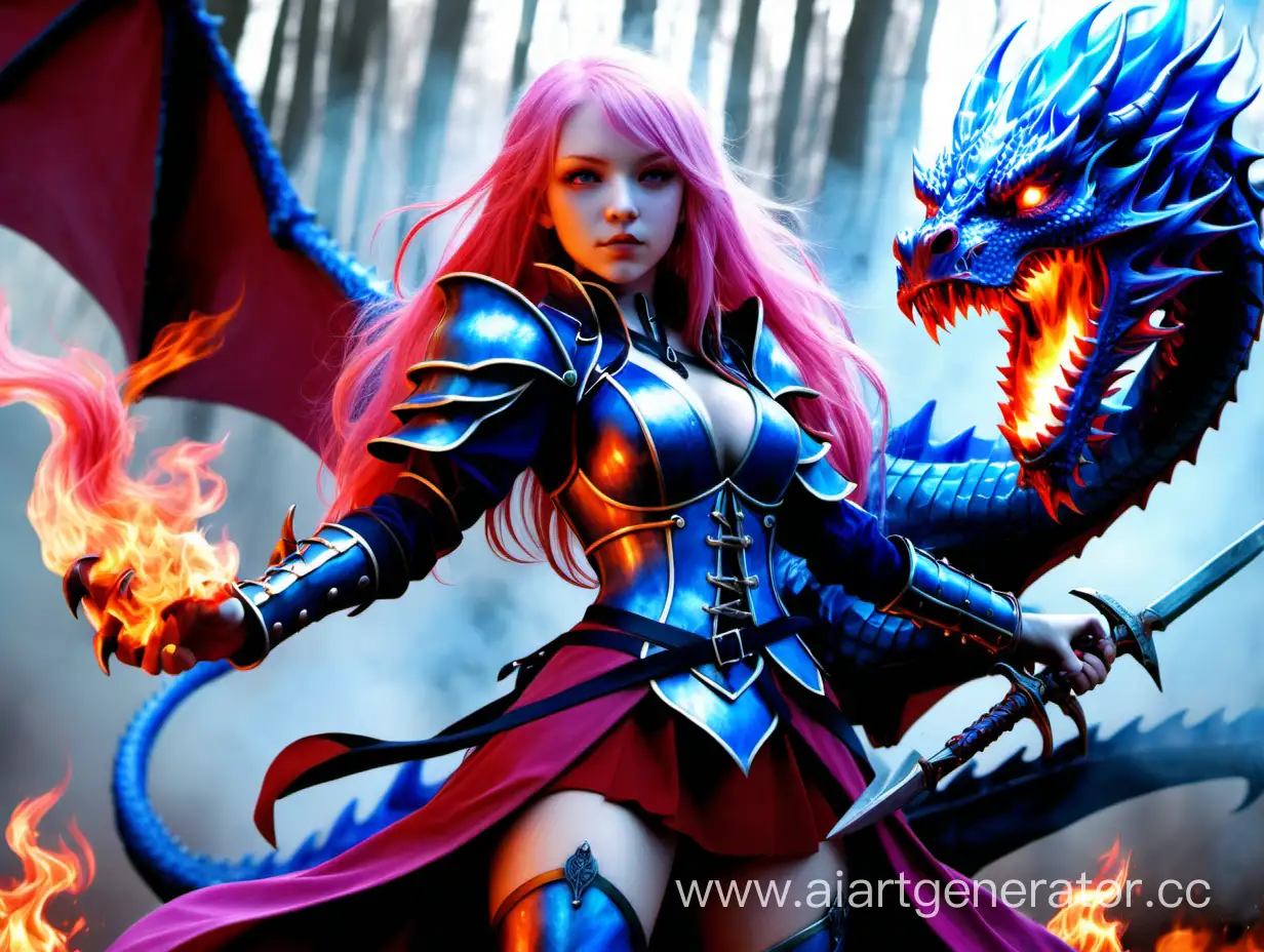 Убийца драконов, девушка
, синее и красное пламя, длинные розовые волосы