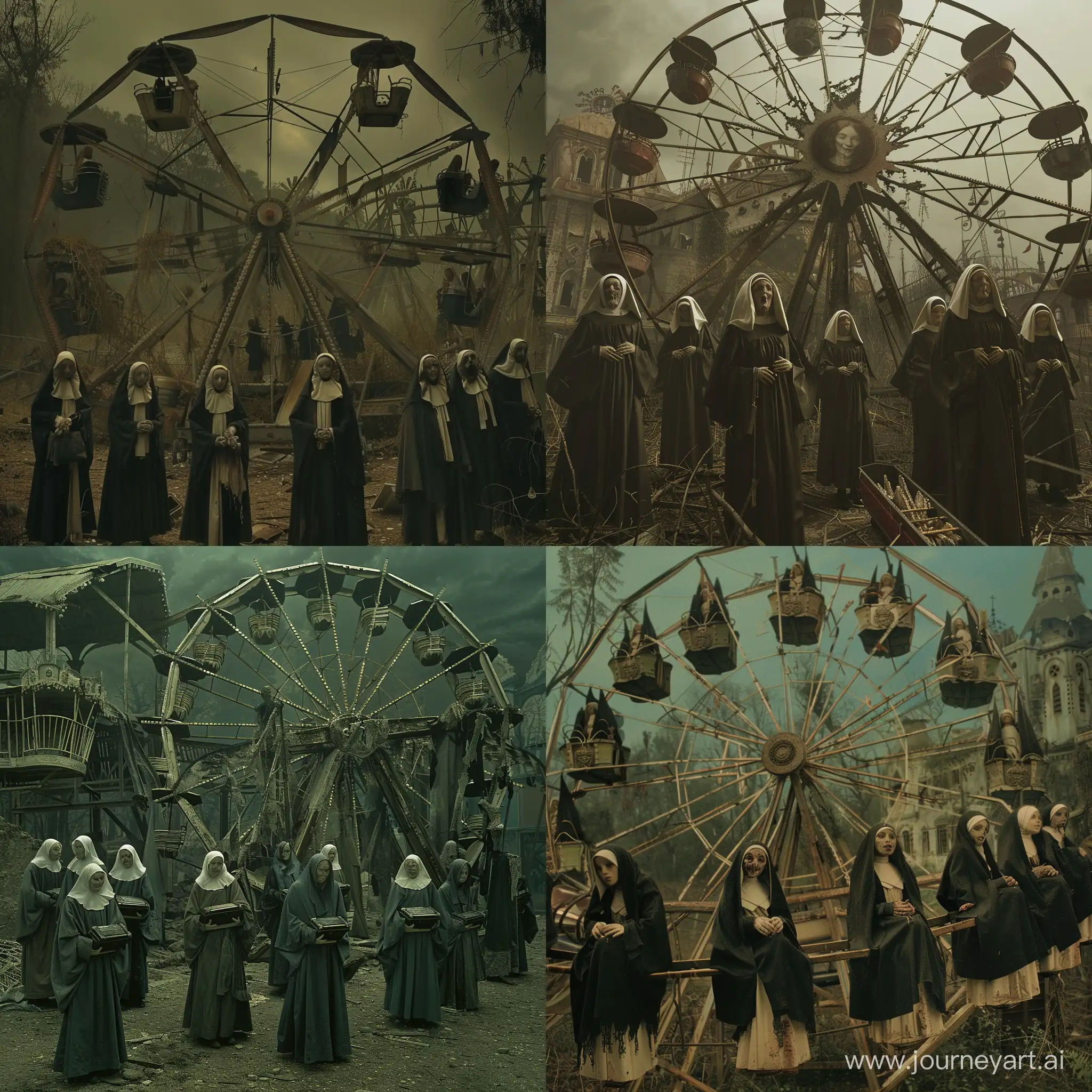 Decrepit-Nuns-on-Abandoned-Amusement-Park-Ferris-Wheel