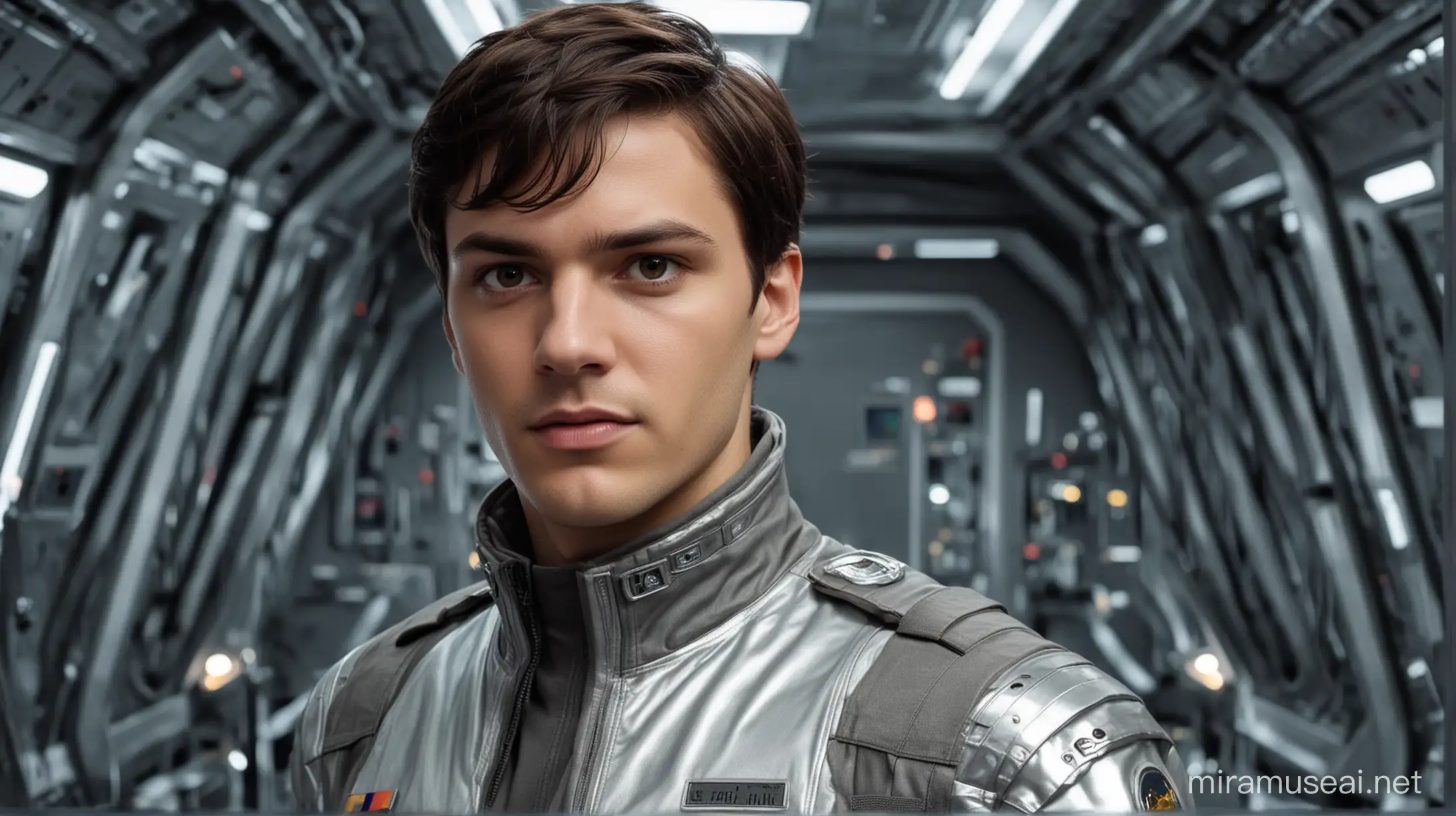 young man, dark-brown straight short hair, european full face, glossy silver jacket, standing in a command room of sci-fi starship