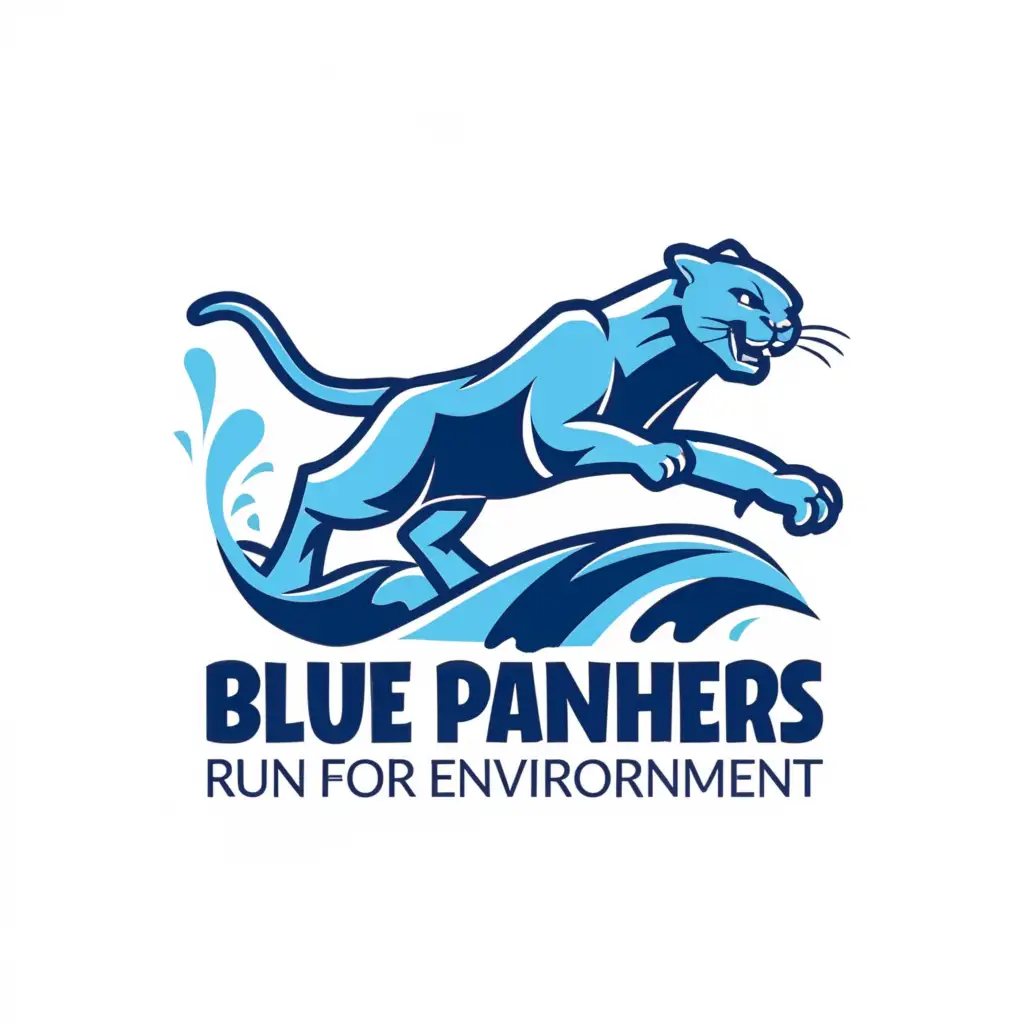 a logo design,with the text "blue panthers run for the environment", main symbol:fun run nature theme, water, blue panther, ocean wave backrounds,complex,be used in Sports Fitness industry,clear background