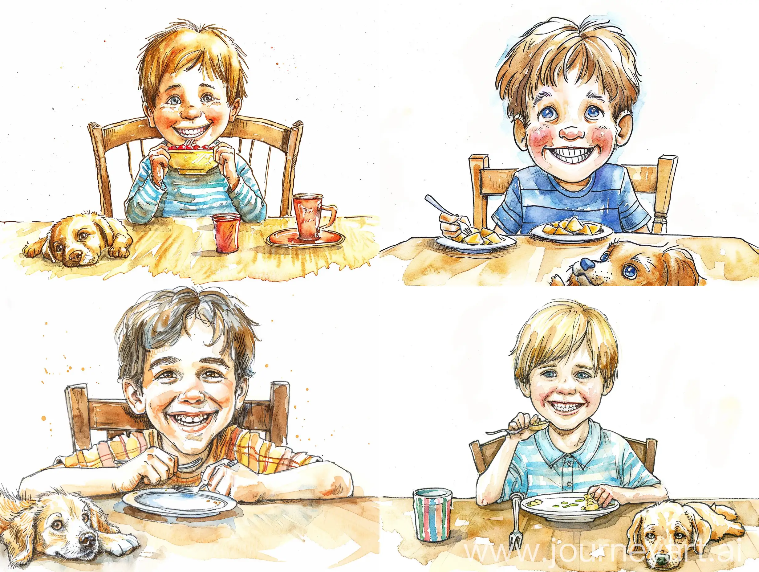 A young smiling boy eating at a dinner table with a dog laying on the floor by his chair, lots of face detail, watercolor and ink drawing, clipart, happy, bright colors, gentle smile, beautiful watercolor ink wash coloring, thick pencil lines, Jon klassen, Adrian tomine, watercolor illustrations clipart, watercolor illlustrations for kids and children, book illustrations, plain white background