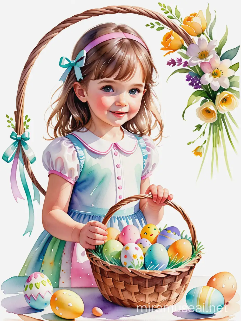Пасхальный кулич, цветы, корзина с яйцами, маленькая девочка, белый фон, акварель 