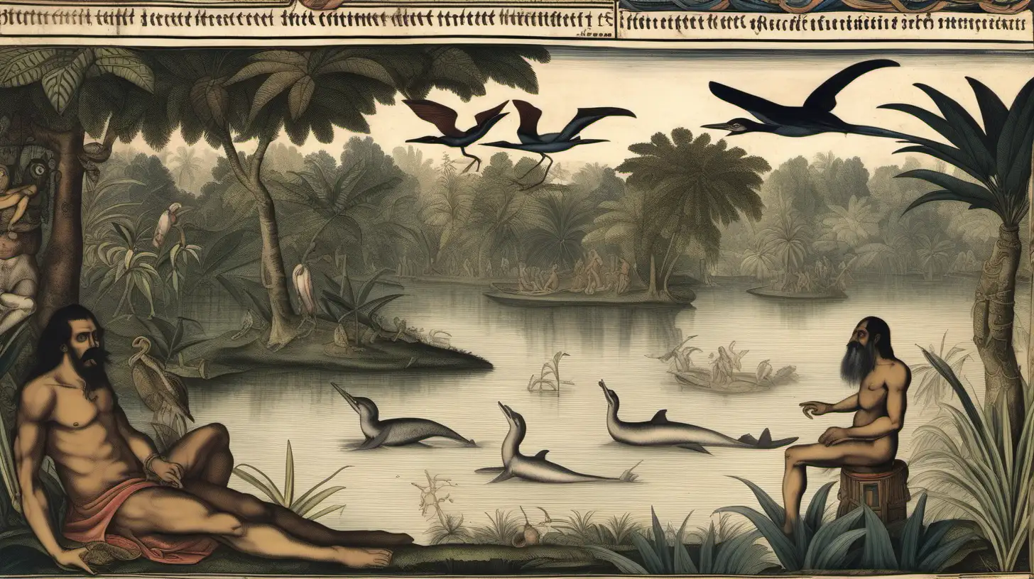 A 16th century Spanish man with long black hair and a long black beard is shirtless and laying down on the Amazon river next to a shaman who is part dolphin and part heron. Other herons fly above them. It is raining and the scene is very humid, they're surrounded by wet jungle. In the style of theodore de bry, without any text captions. The scene is scene from above.