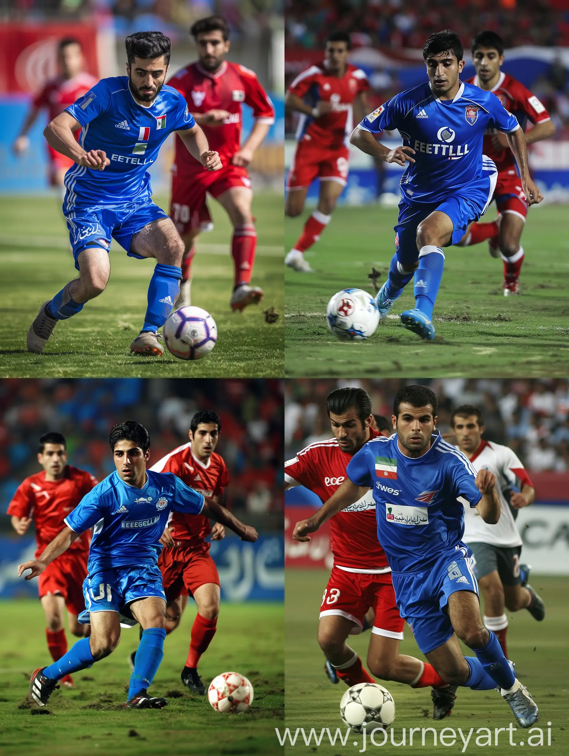 Football Derby, the capital of Iran, is being held between the two teams of Esteghlal Tehran with blue shirts and Persepolis Tehran with red shirts.