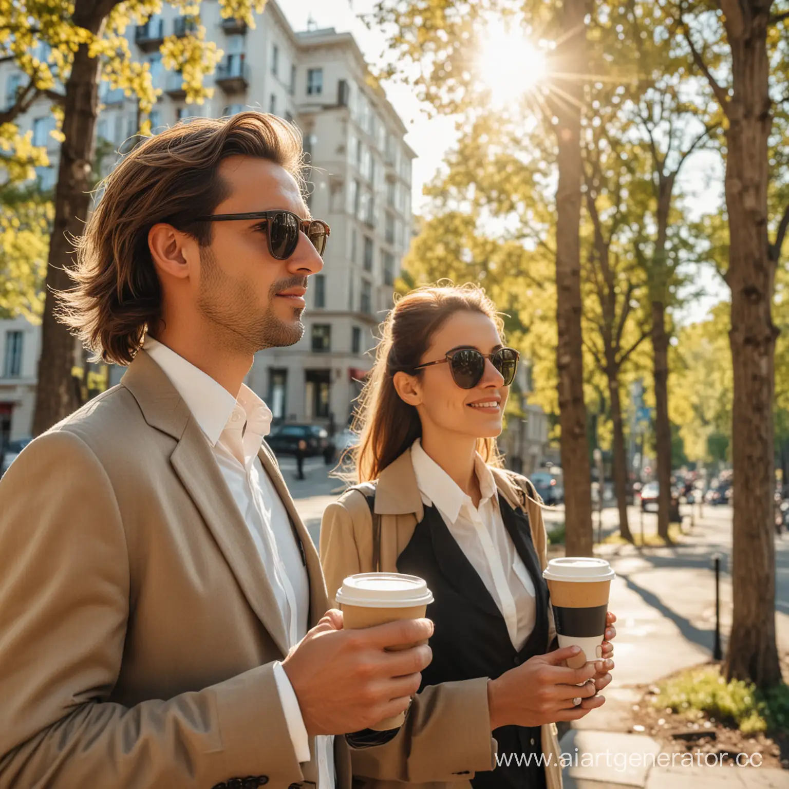 мужчина и девушка идут на работу с кофе, солнцезащитные очки, на заднем плане размытые деревья, солнце и архитектура