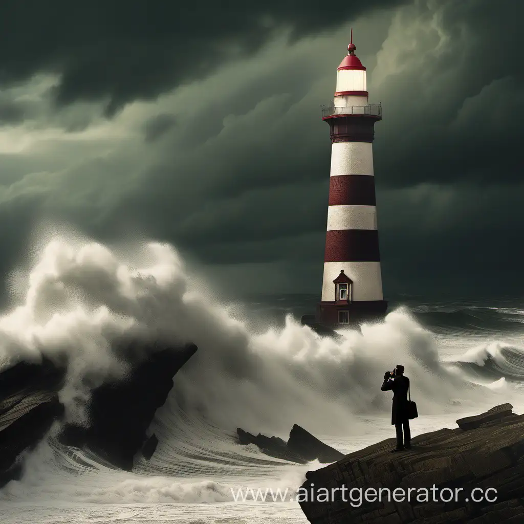 siglo XIX, playa, faro iluminado, día de tormenta, grandes olas, un viajero sobre una roca, fotografiando con una cámara gigante