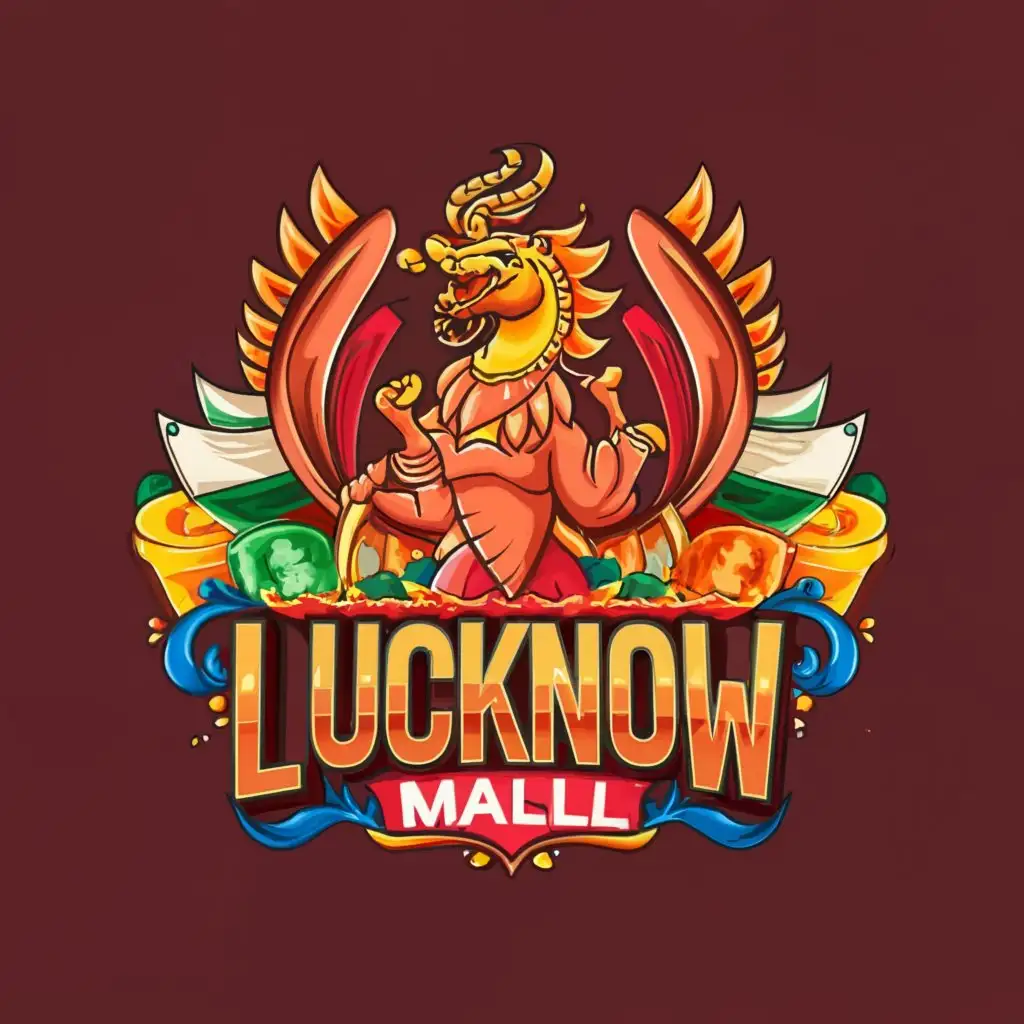 a logo design,with the text "LUCKNOW MALL", main symbol:DRAGON, LAKH, COINS, RED, PINK, INDIA FLAG,complex,clear background