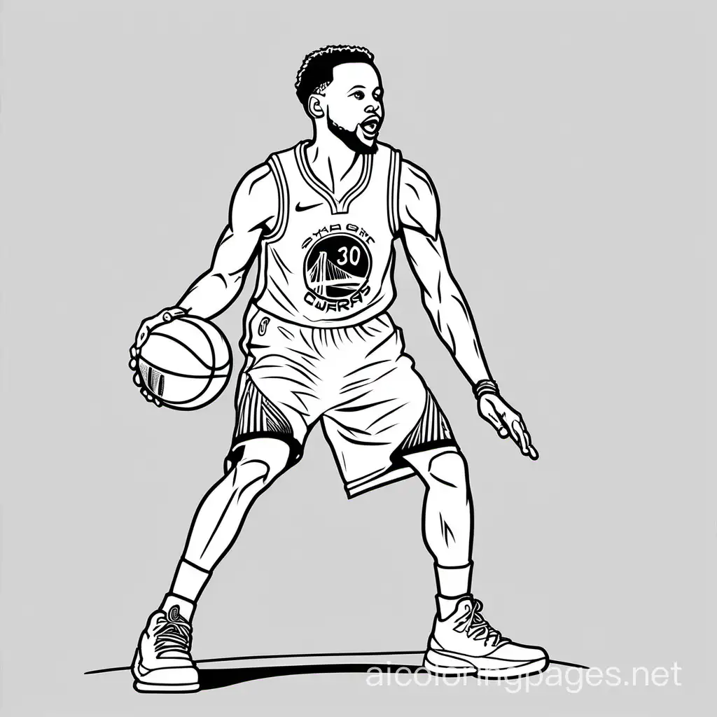 Stephen Curry Playing basketball, Coloring Page, black and white, line art, white background, Simplicity, Ample White Space. The background of the coloring page is plain white to make it easy for young children to color within the lines. The outlines of all the subjects are easy to distinguish, making it simple for kids to color without too much difficulty