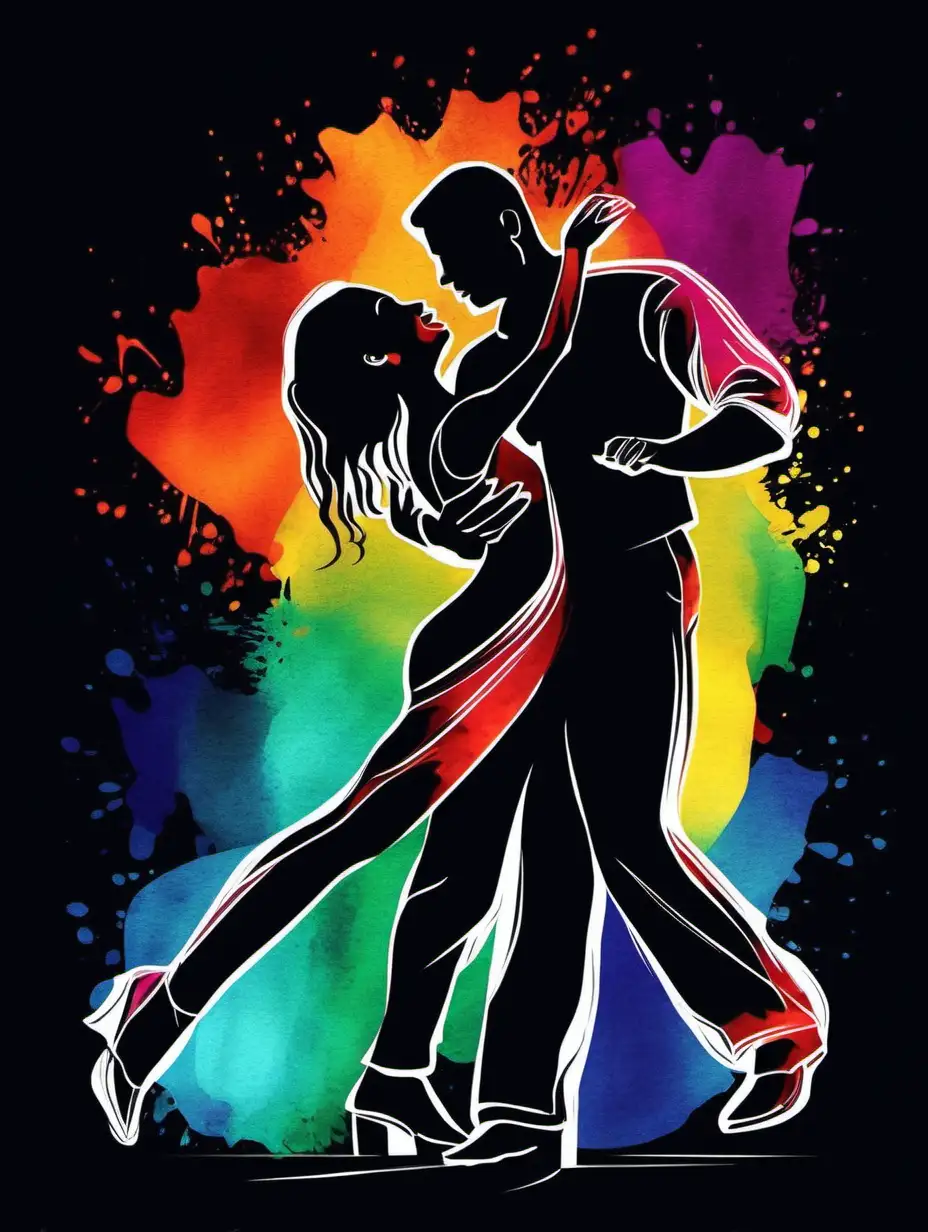 Two people dancing salsa together.  He is dipping her, and she has perfect lines.

Style: Water Colour
Mood: Inspiring and colourful.

T -shirt design graphic, vector, contour, black background.