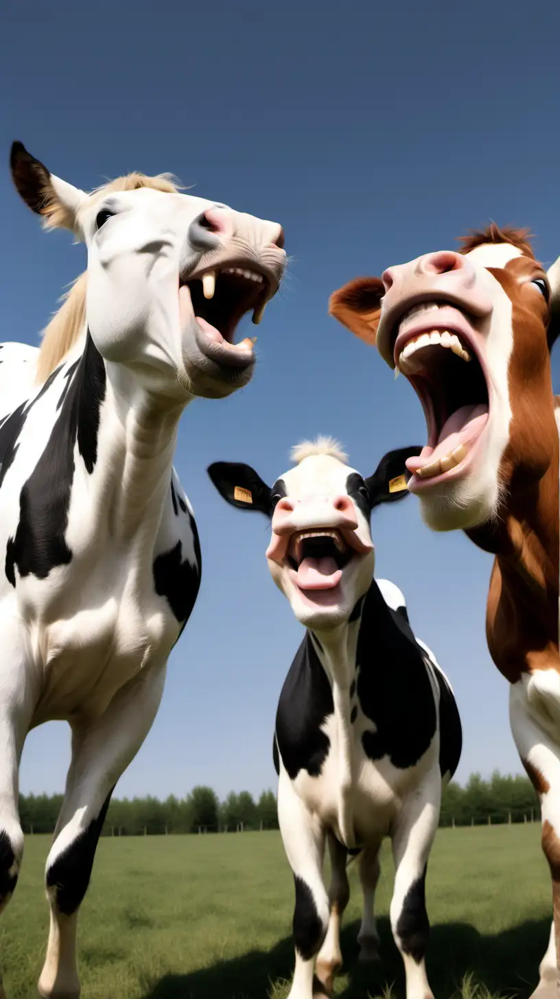 Laughing Horses and Cow Sharing a Jovial Moment