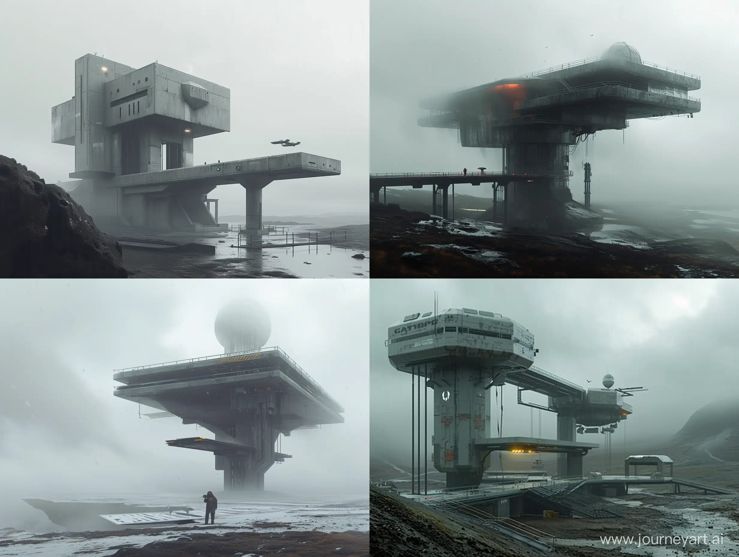 Concept art for the game, scp concept, overcast weather, bioarchitecture, sci fi base, outpost with landing pad, modernism


