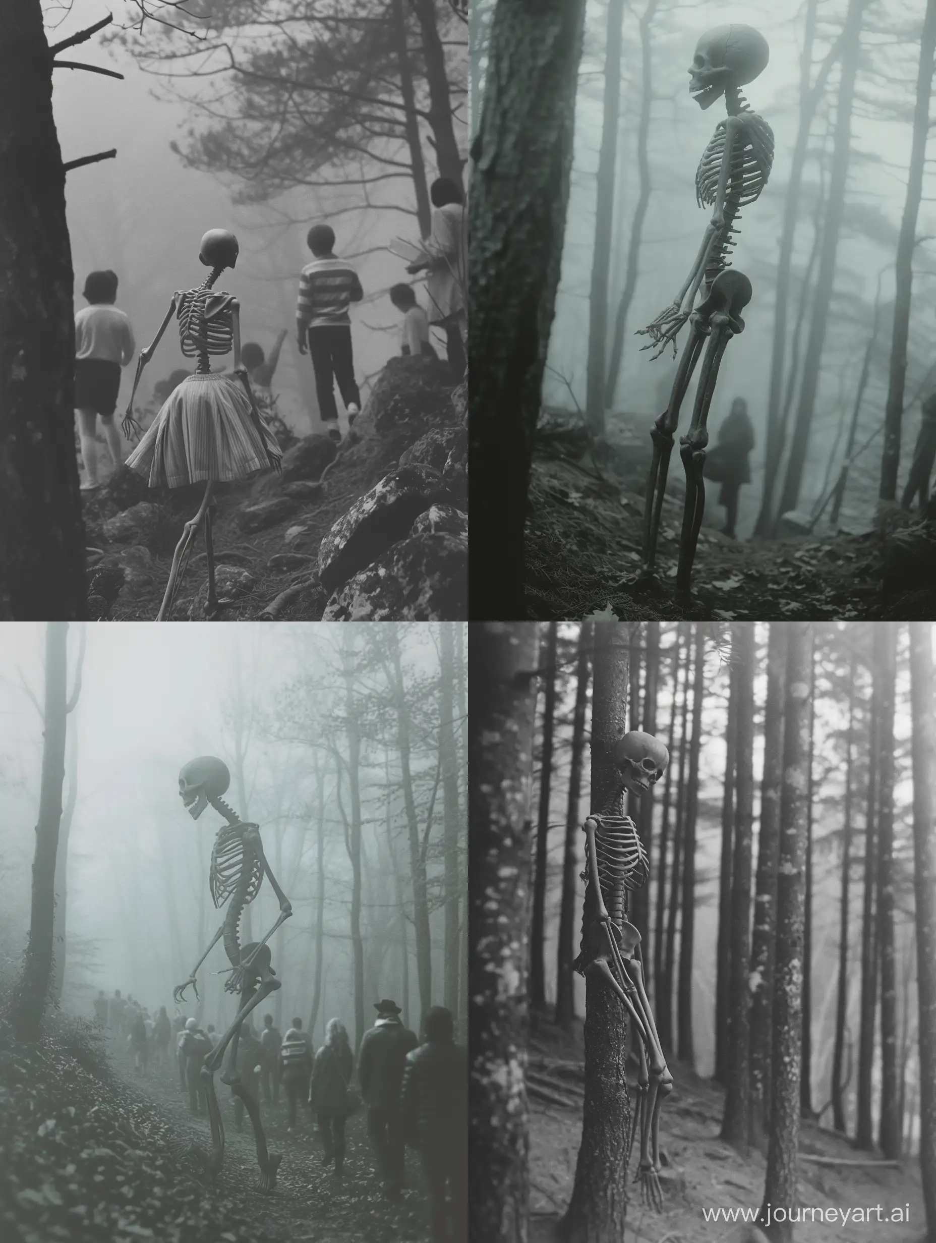 It looks like a girl with a skeletal body.  It is seen in the forest.  People in strange clothes have been reported in places where it has been sighted and it's said that it makes horrible noises, grayscale, foggy forest, folk horror, creepy pasta, hike core, photo taken on provia