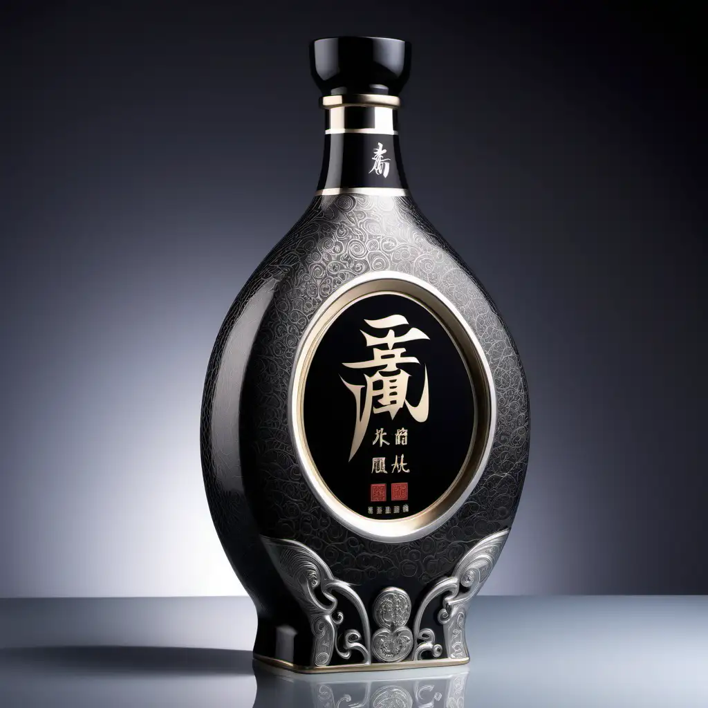 Chinese liquor packaging design, high end liquor, 500 ml ceramic bottle, brand name 玖莼, photograph images, high details, silver and black texture, unique and interesting bottle shape