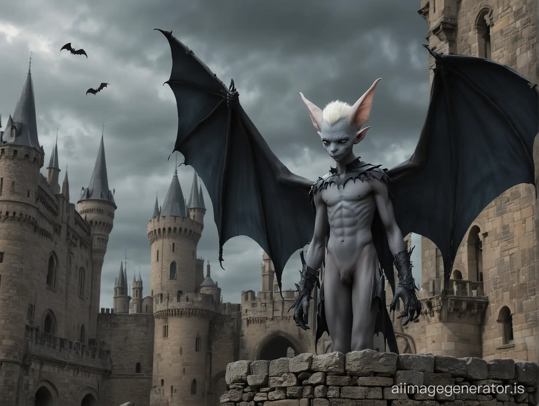 A dark cloudy Night. Demon-teenboy. Humanoid proportions. Slender. Gray-blue-skin. A large tail. Hairless. Bat-like wings. Two small horns on the forehead. Pointet ears. Blonde hair. Claws. Animal-like feet. Stands on an old castle. Long shot. Schwanz. Penis. Scrotum.