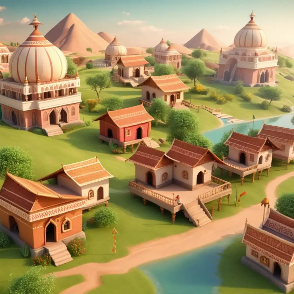 Create a 3D illustrator of an animated scene of a beautiful Indian kingdom landscape with small houses. Beautiful and spirited background landscape illustrations.