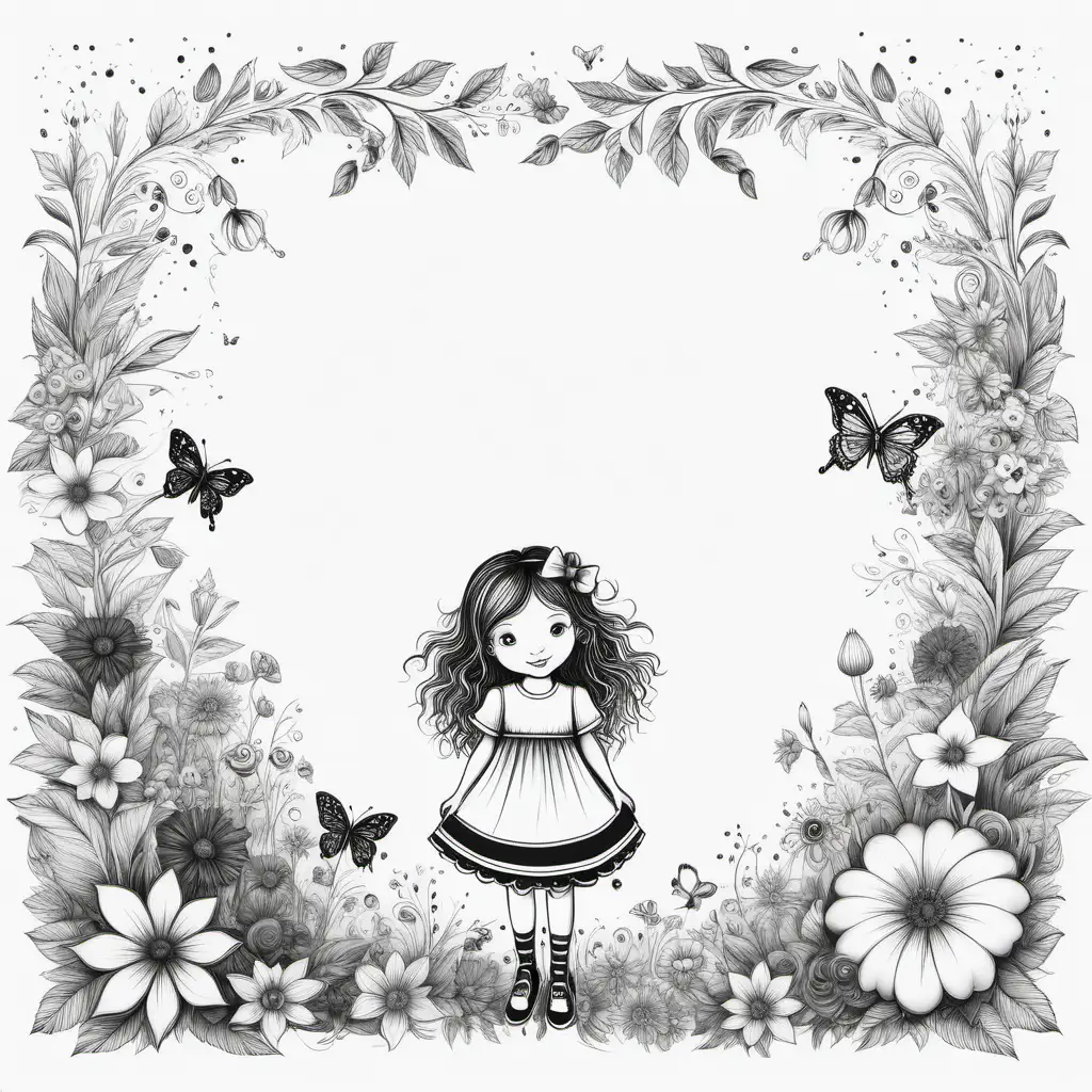 Create a whimsical and black and white
border only design featuring their favorite , girl   , white background 