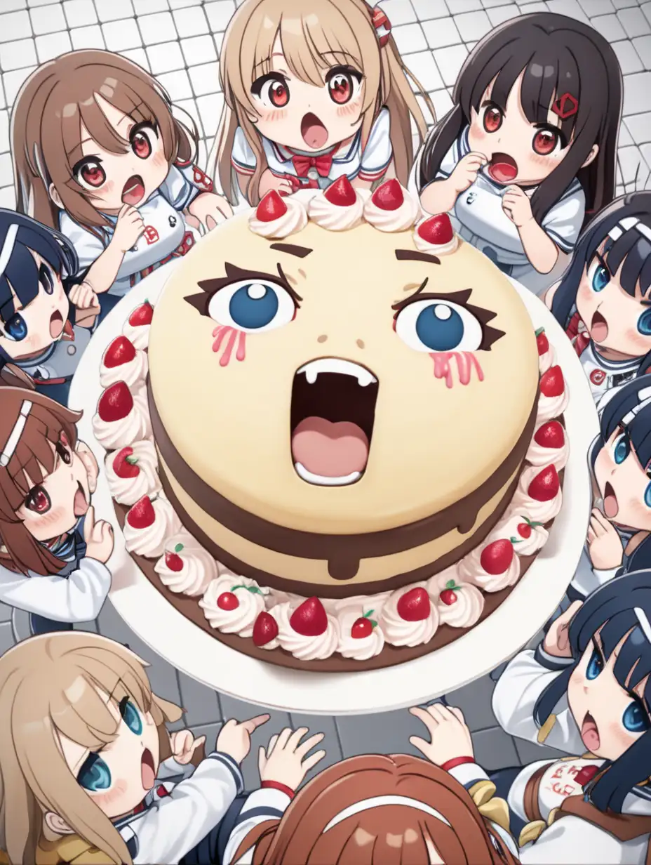 Cake with a woman's terrified face on it being eaten by chubby girls, viewed from above, anime, chibi