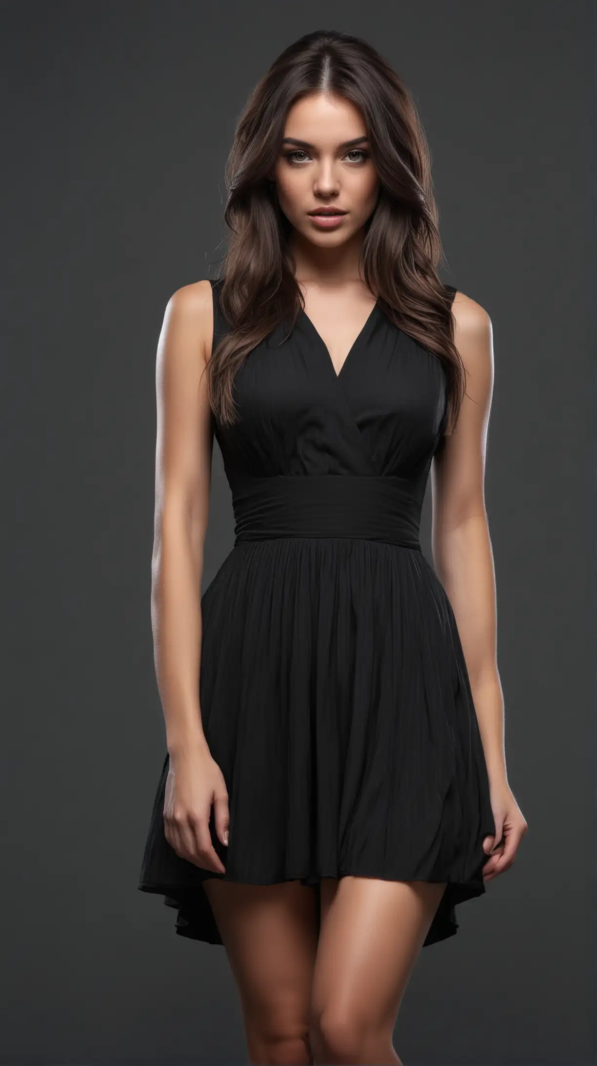 Attractive Woman in Dark Dress on Monochromatic Background in 4K HD Realism