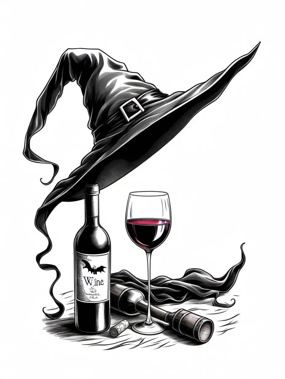 Wine and Witch Hat Stylish Monochrome Illustration with Contrasting White Background