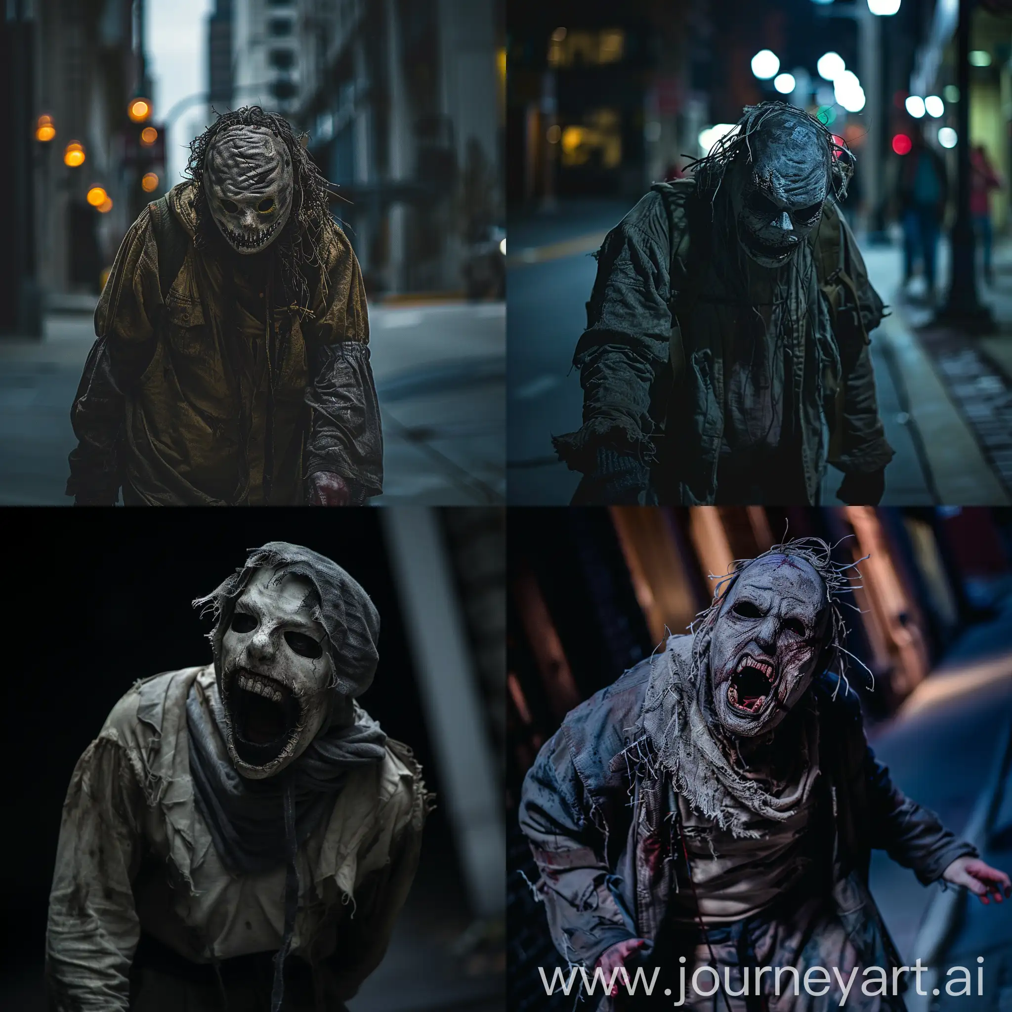 Man with ragged clothes and scary plain mask, appears at Market Street Indianapolis, dark street, howling, scary movie scene, shadows, dark eerie, creepy, cinematic lighting, realistic image