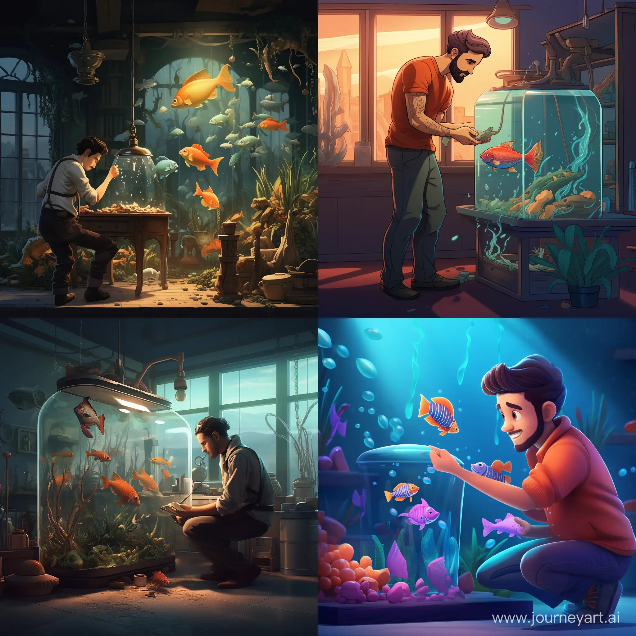 Animated man cleaning fish aquarium