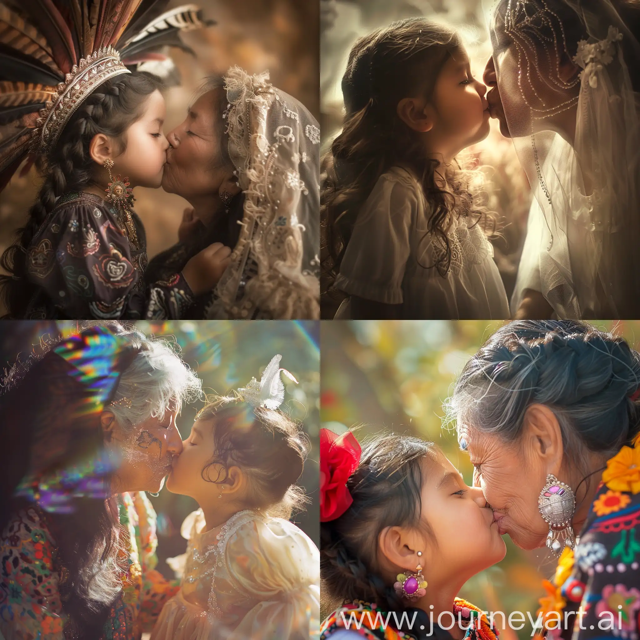Little Hispanic girl who gets a kiss from her spirit mother 