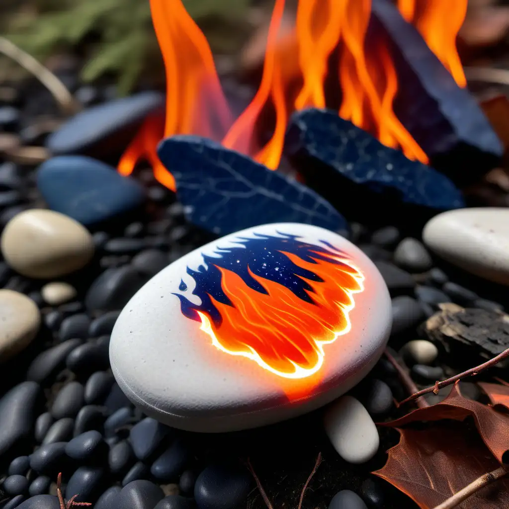 An bright orange and white pebble with dark blue flame hues.  In the background a diseased forest is on fire