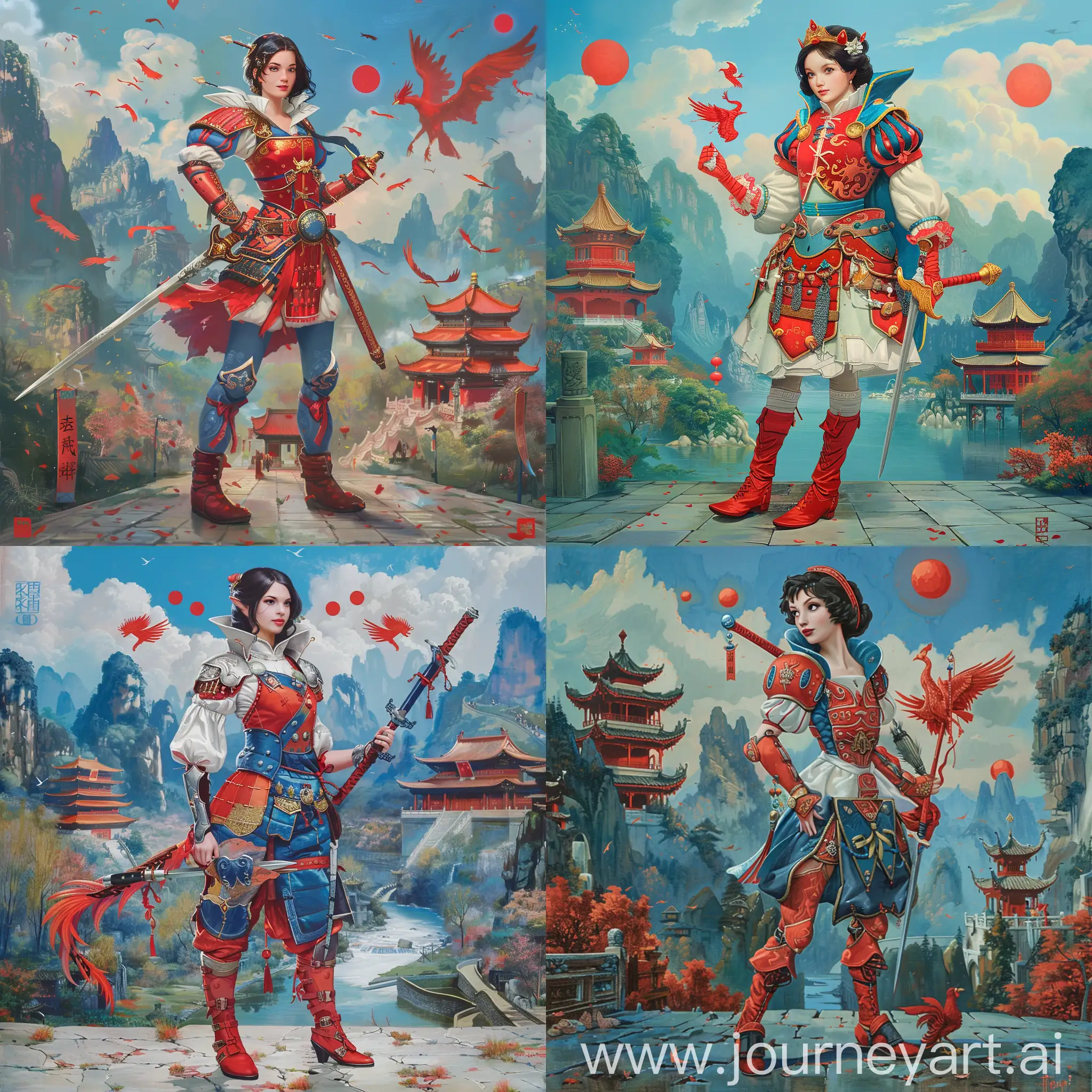 Historic painting style:

a Disney German Princess Snow White, she wears red and marine blue color Chinese style medieval armor and boots, she holds a Chinese sword in right hand, 

Chinese Guilin mountains and temple as background, red phoenix and three small red suns in blue sky.