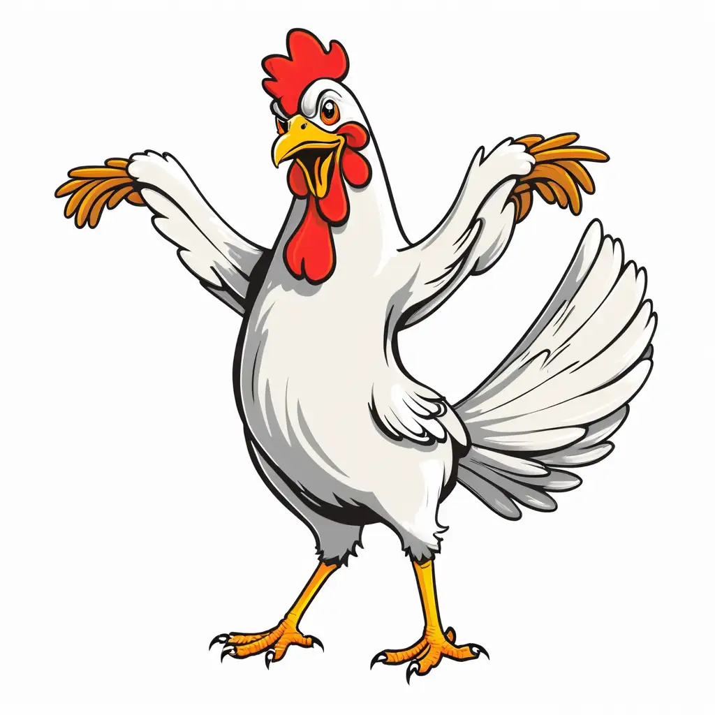 dancing chicken, white background, outlined with solid black line