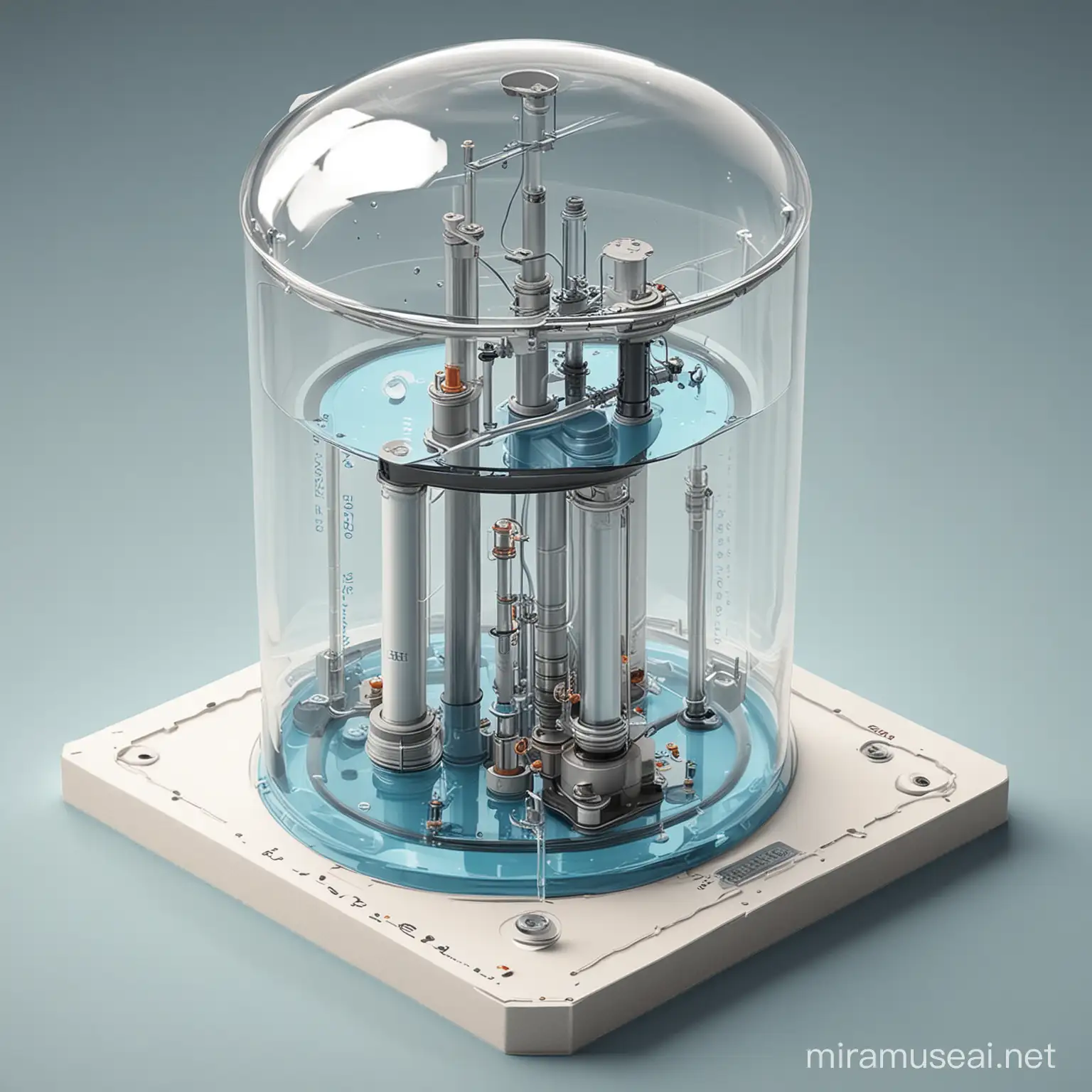 a compact, self-contained unit designed for space-based water electrolysis. At the center of the unit is a cylindrical electrolysis chamber, enclosed within a transparent dome to allow observation. The chamber is divided into two sections by an anion exchange membrane, separating the anode and cathode compartments.  paper sketch  style