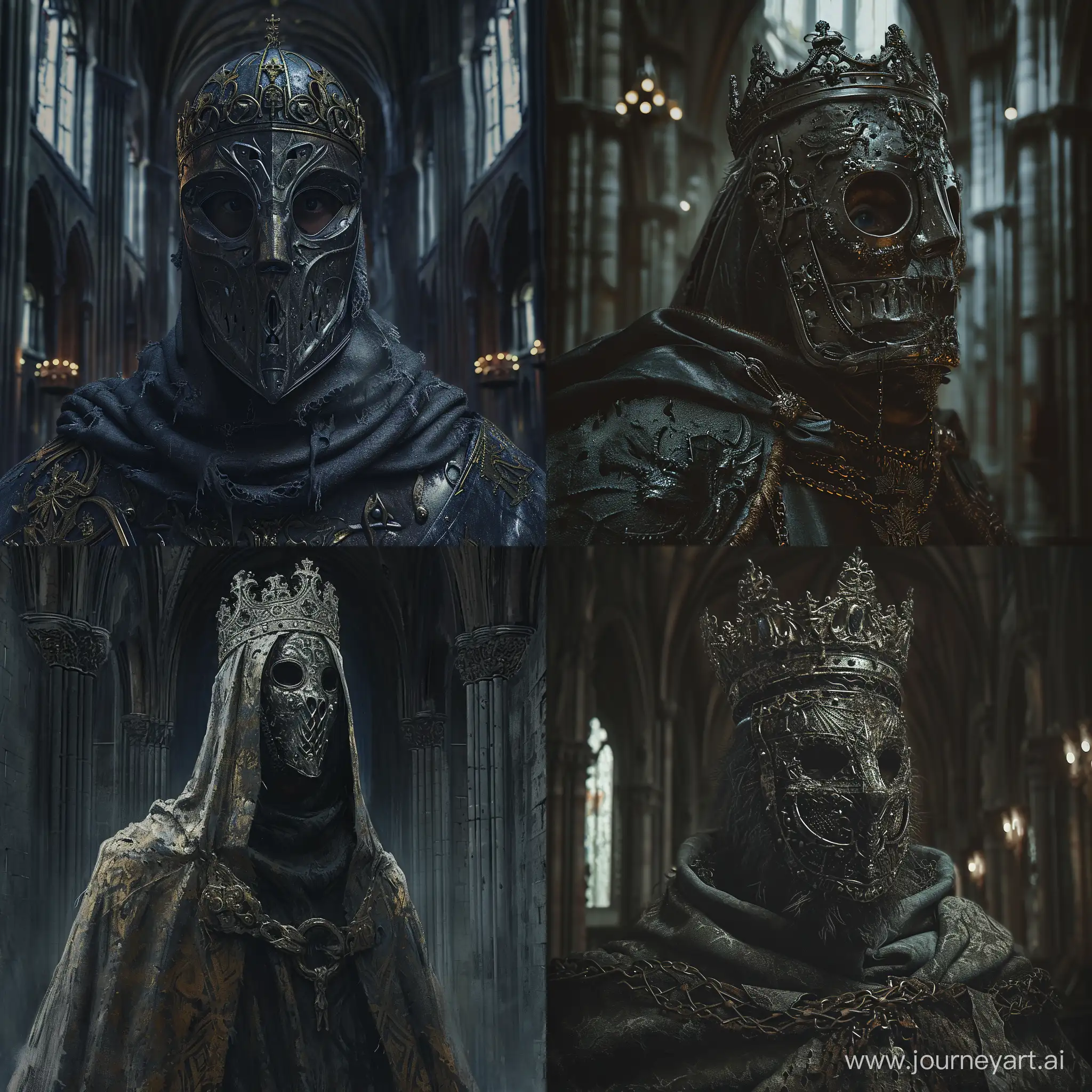 Potrait of King Baldwin wearing a metal mask,in a Cathedral,gritty,1970's Dark Fantasy,Dark lighting,Detailed