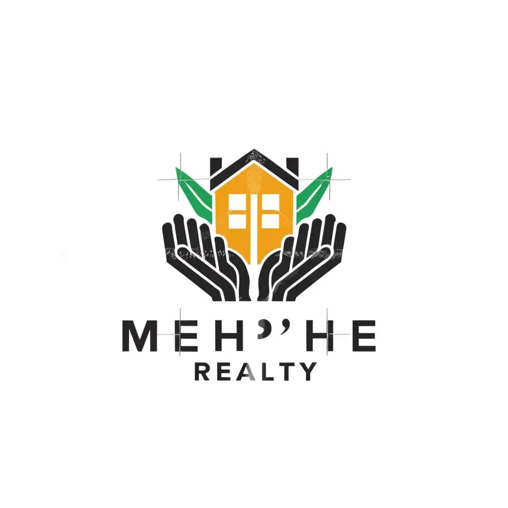 a logo design,with the text "Meh'he Realty", main symbol:A home between two hands,Minimalistic,be used in Real Estate industry,clear background