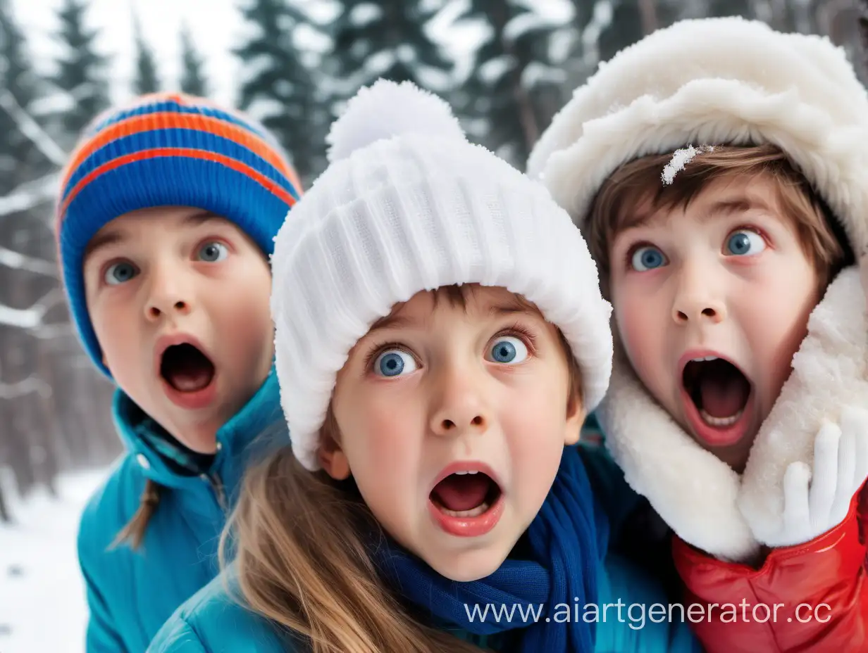 Closeup-of-Surprised-Children-in-Winter-Clothing-Amidst-Snowdrifts-and-Forest