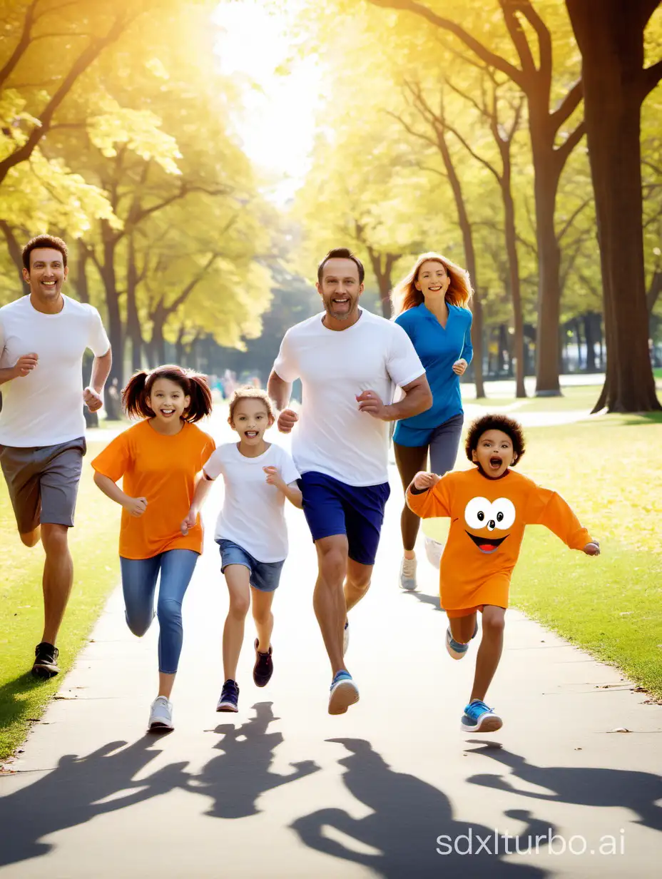 familia correindo en parque con su mascoata