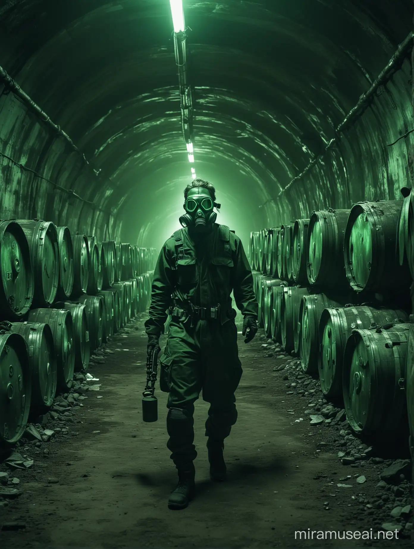 green neon toxic background, barrels, gas mask, vibrant color green, no person, no human, background futuristic tunnel
