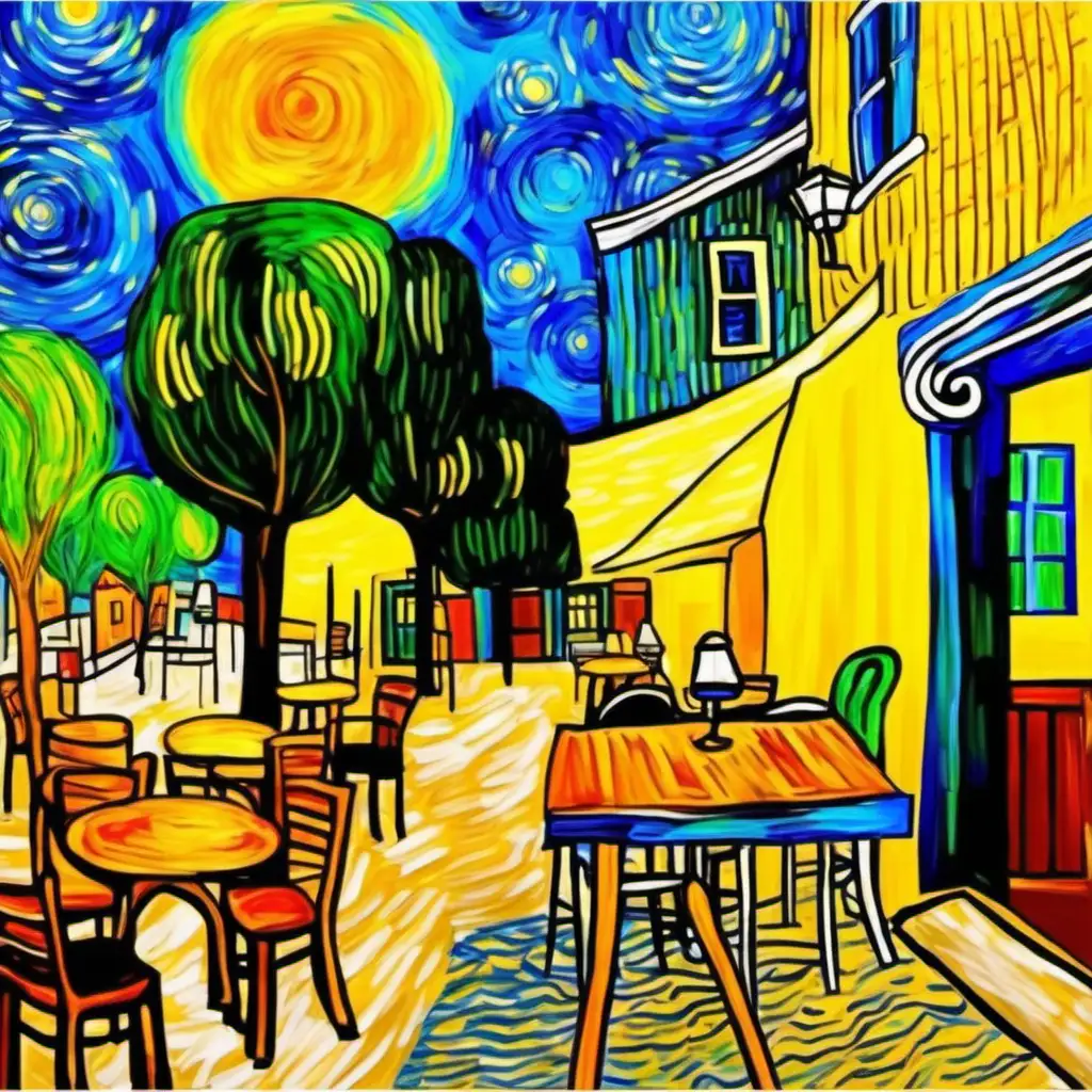 Van GoghInspired Coffee Shop Scene with Vibrant Colors and Starry Night Ambiance