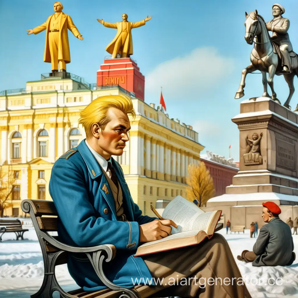советская пионерка в лагере на площади на скамейке с раскрытой книгой на фоне статуи Ленина, с жёлтыми волосами и голубыми глазами