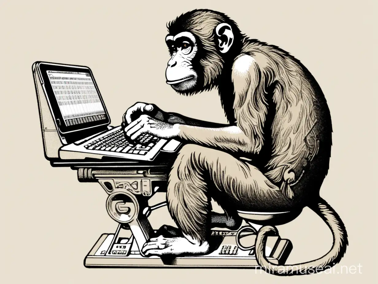 手里拿着键盘的狒狒正面穿着t短袖,短裤坐在木星上器上，插画形式表现