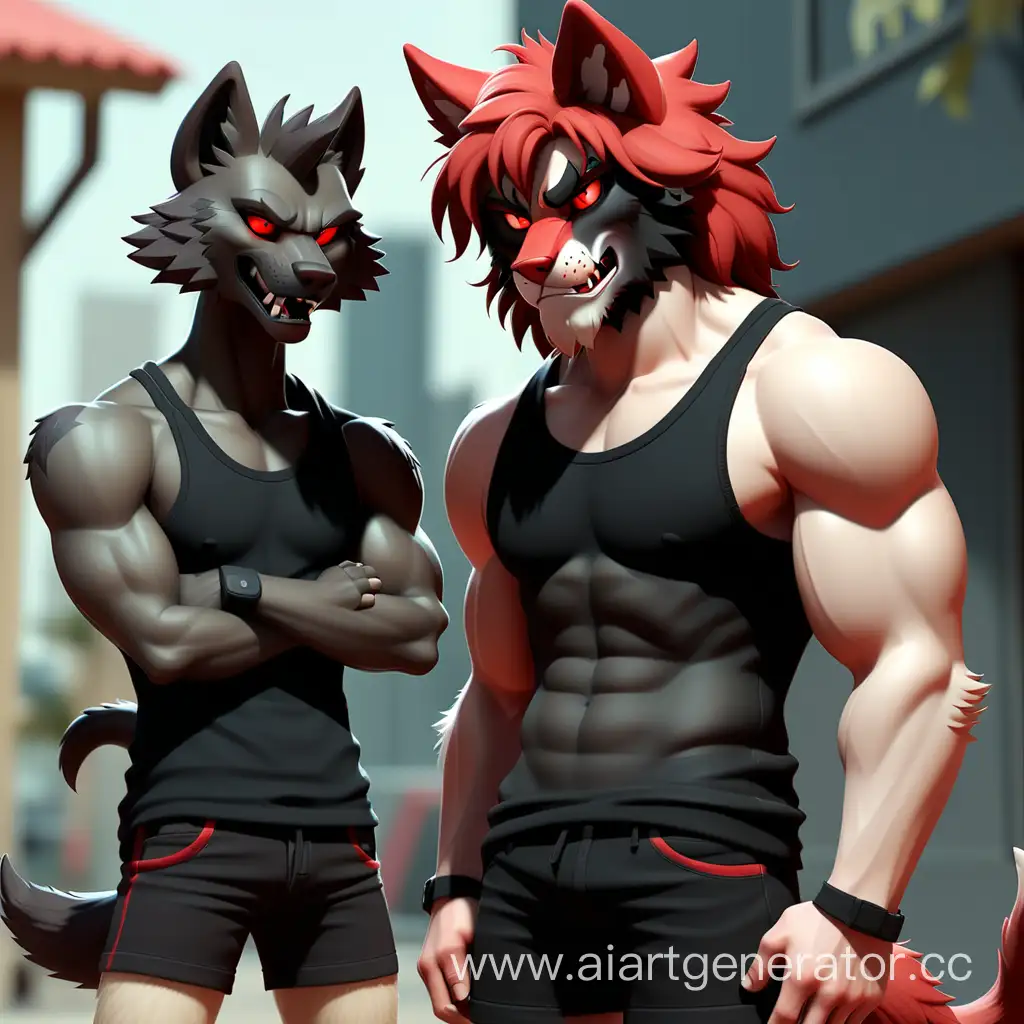 Playful-RedFurred-Wolf-and-Feline-Pal-in-Stylish-Attire