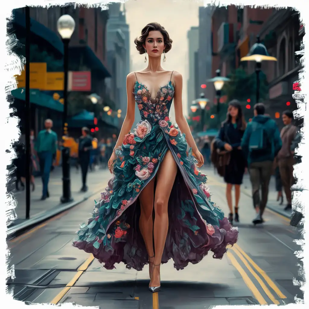 A woman in a flowing floral dress walking confidently down a city street.