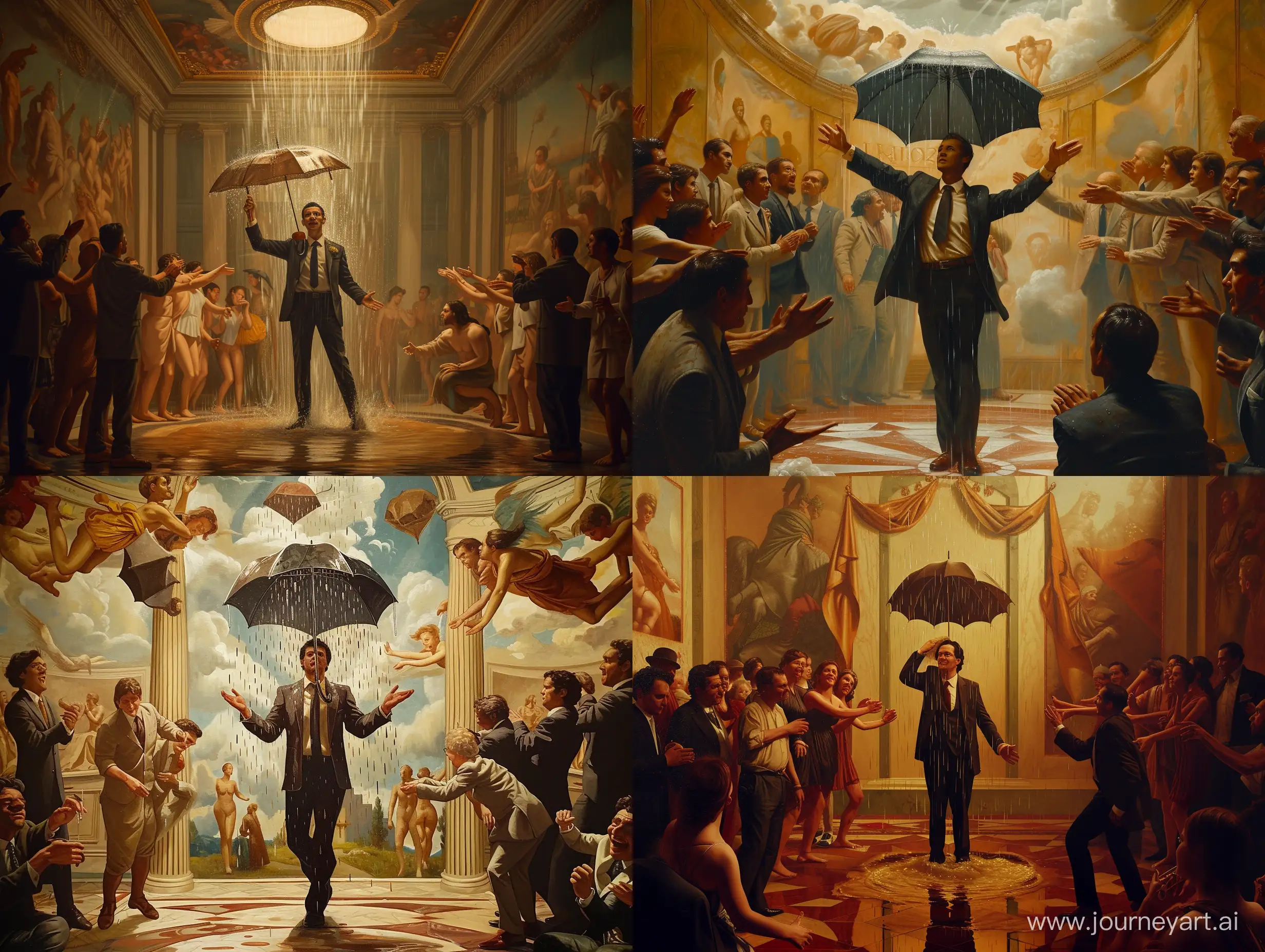 High Renaissance painting, with the man that makes rain standing in the middle, dressed in business suit and a magic umbrella over him and people praising him, michelangelo artstyle, highly detailed