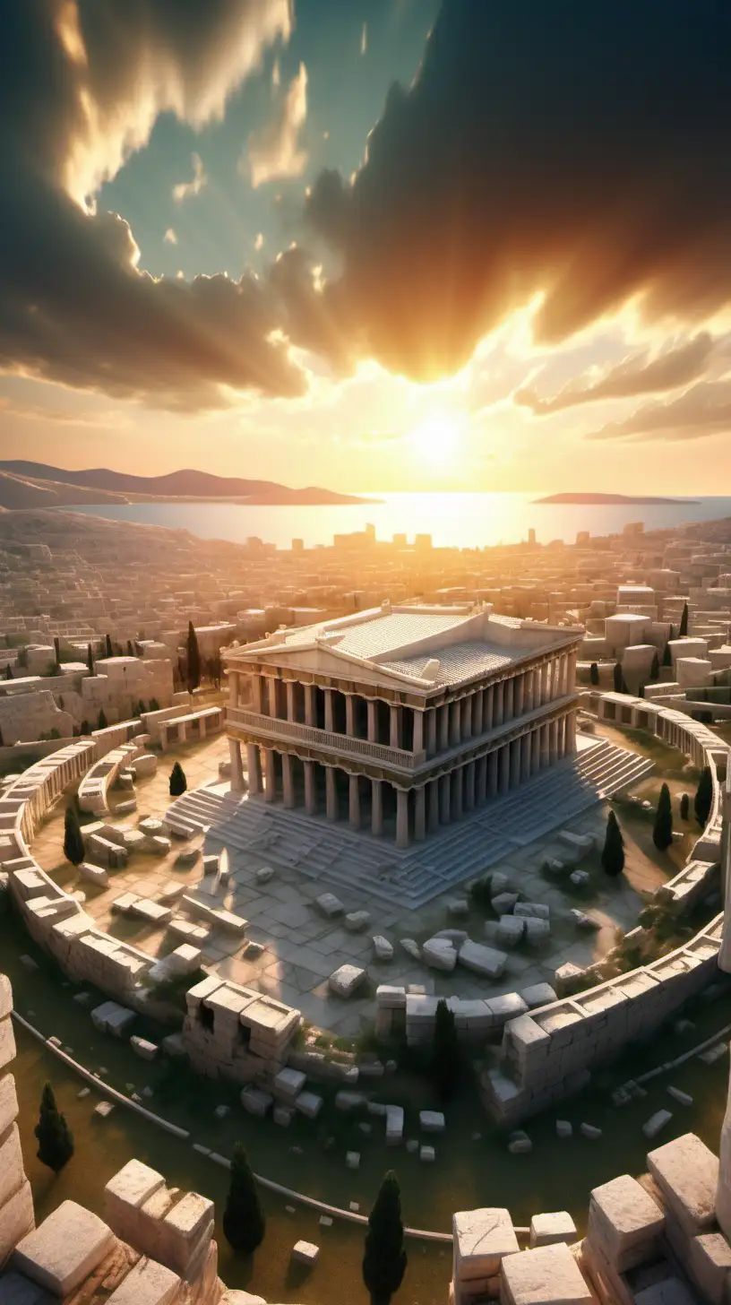 Thriving Life in the Ancient Greek Cityscape at Sunset