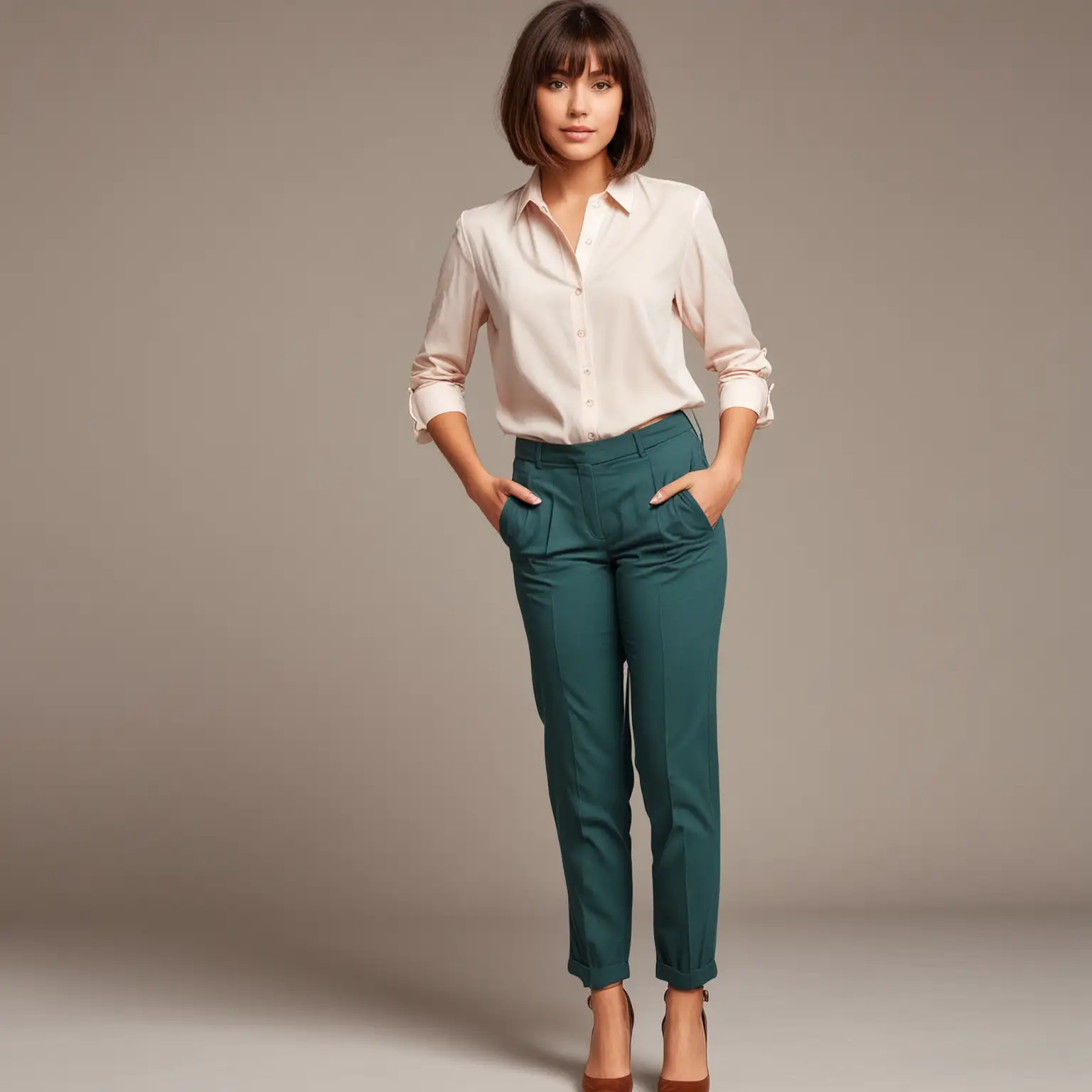 short bob brown hair with bangs latina teenage girl with tailored outfit and relaxed fit pants and blouse for a job interview. should look like a teen girl full body outfit with flats for shoes. 
