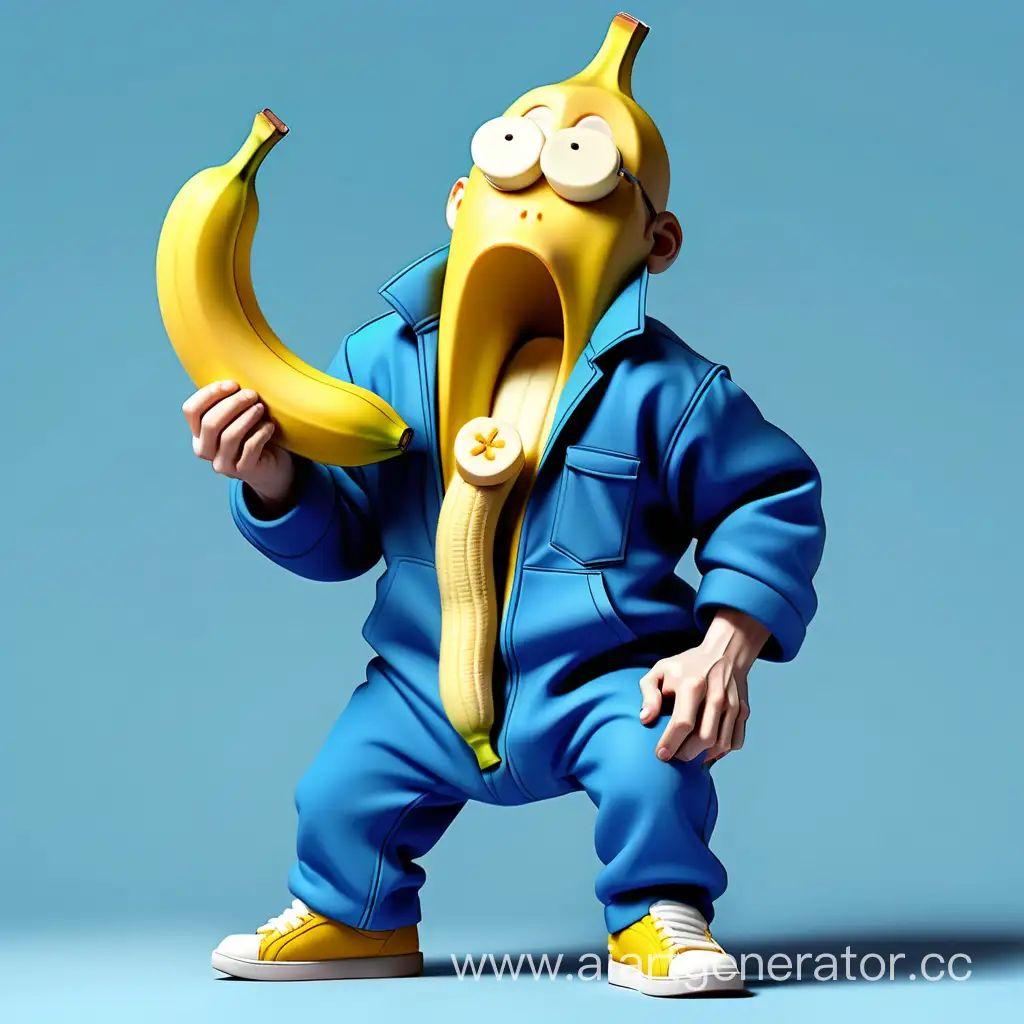 желтая таблетка в синем комбинезоне ест банан