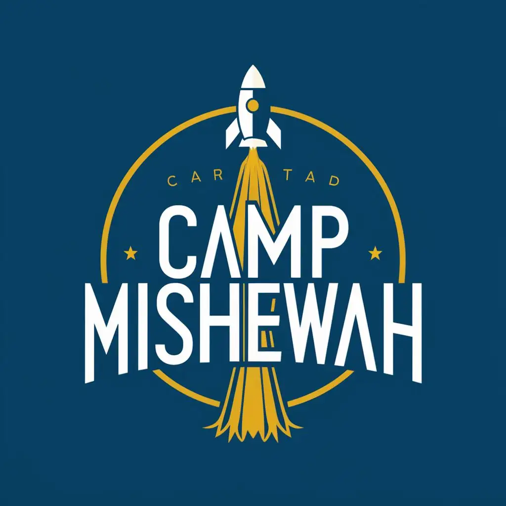 logo, Rocket Ship, with the text "Camp Mishewah", typography