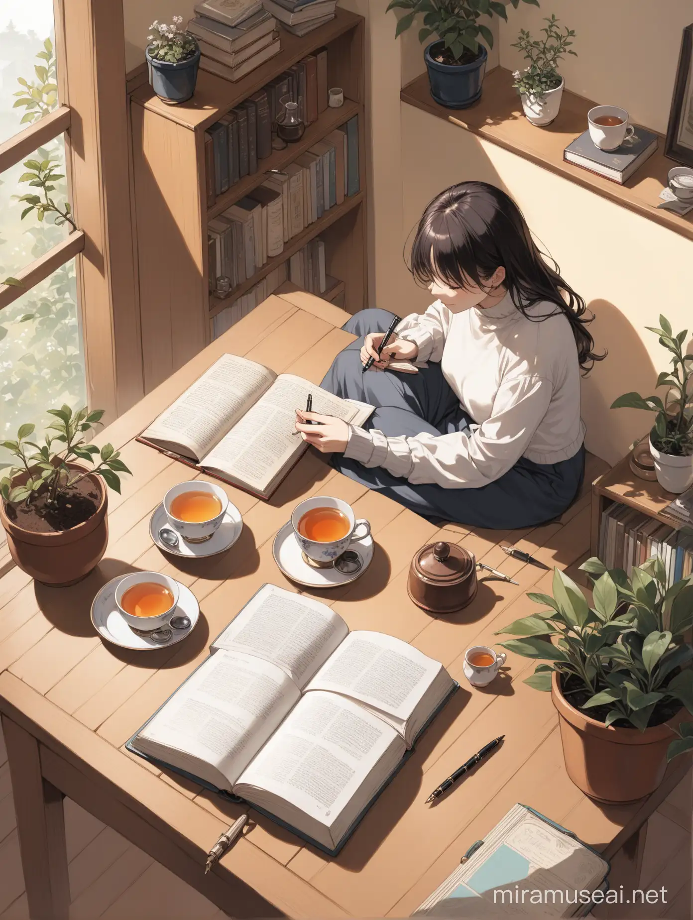 a person sitting in a cozy room, surrounded by everyday objects: one cup of tea, a book, a potted plant, and a pen. 