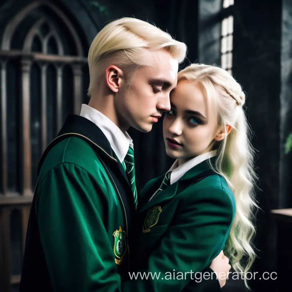Young beautiful attractive hot girl with blue eyes with blonde hair cuddling young handsome attractive Draco Malfoy , slytherin uniform, Hogwarts office ,side view