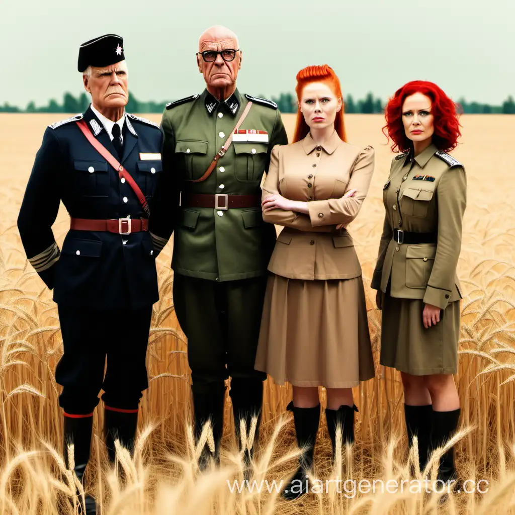 The three Murdoch characters from the Murdoch murdoch meme show, two men , one young and blonde, the other middle aged and a red headed woman. They stand in a wheat field wearing German military uniforms
